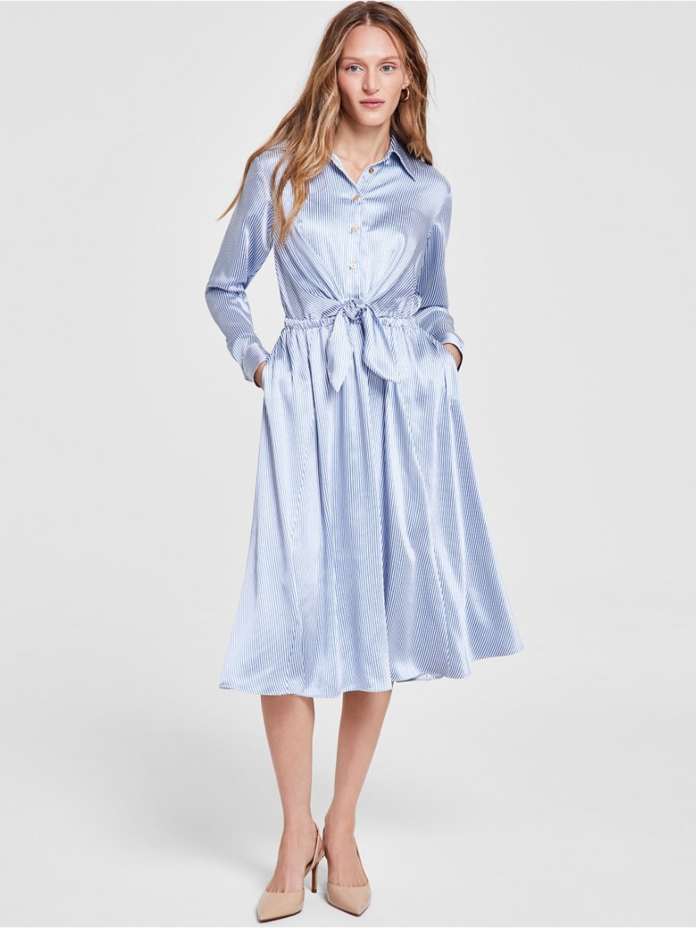 MICHAEL Michael Kors Light Blue Striped Shirt Midi Dress